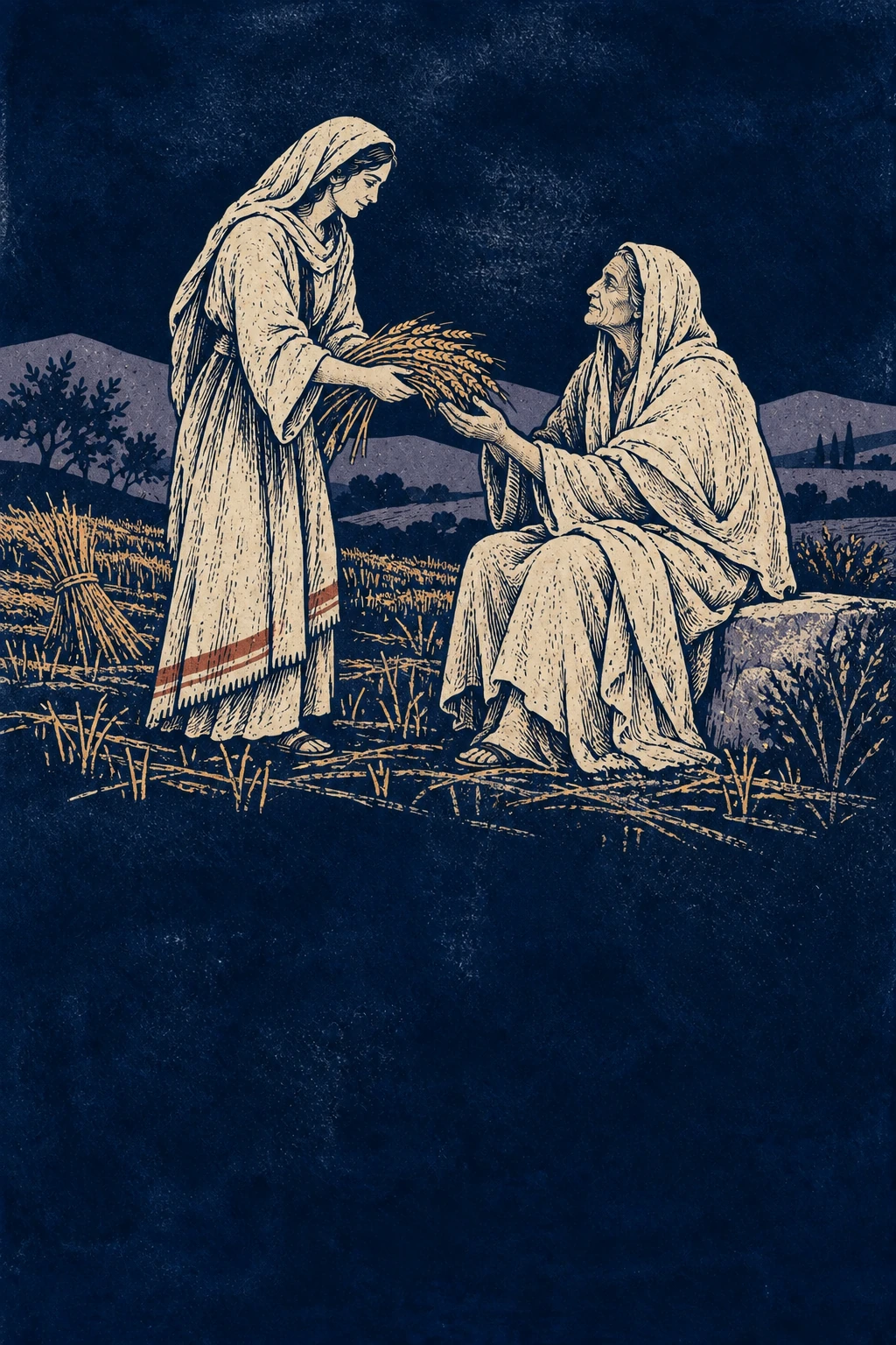 Ruth offering barley to Naomi, illustrated in ivory and ochre on an indigo background in a woodcut style