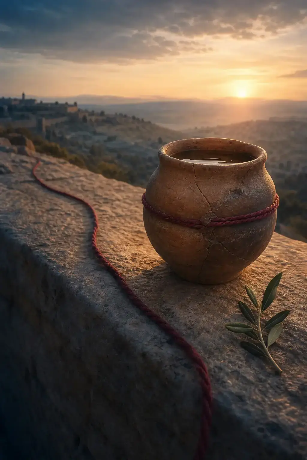A cracked clay vessel, an olive branch, and Jerusalem stone at sunset