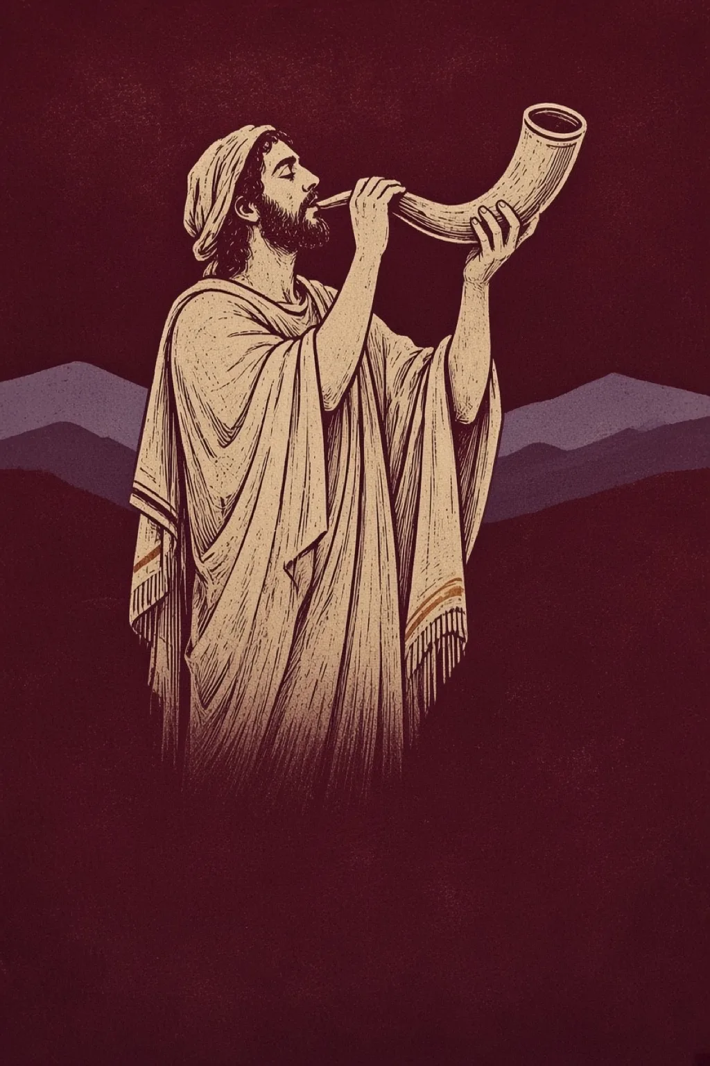 A figure sounding the shofar, ivory woodcut on a deep pomegranate field