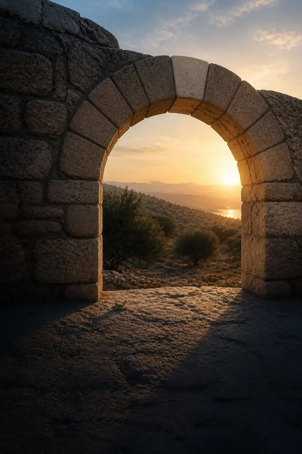 A stone arch opening toward the land at dawn