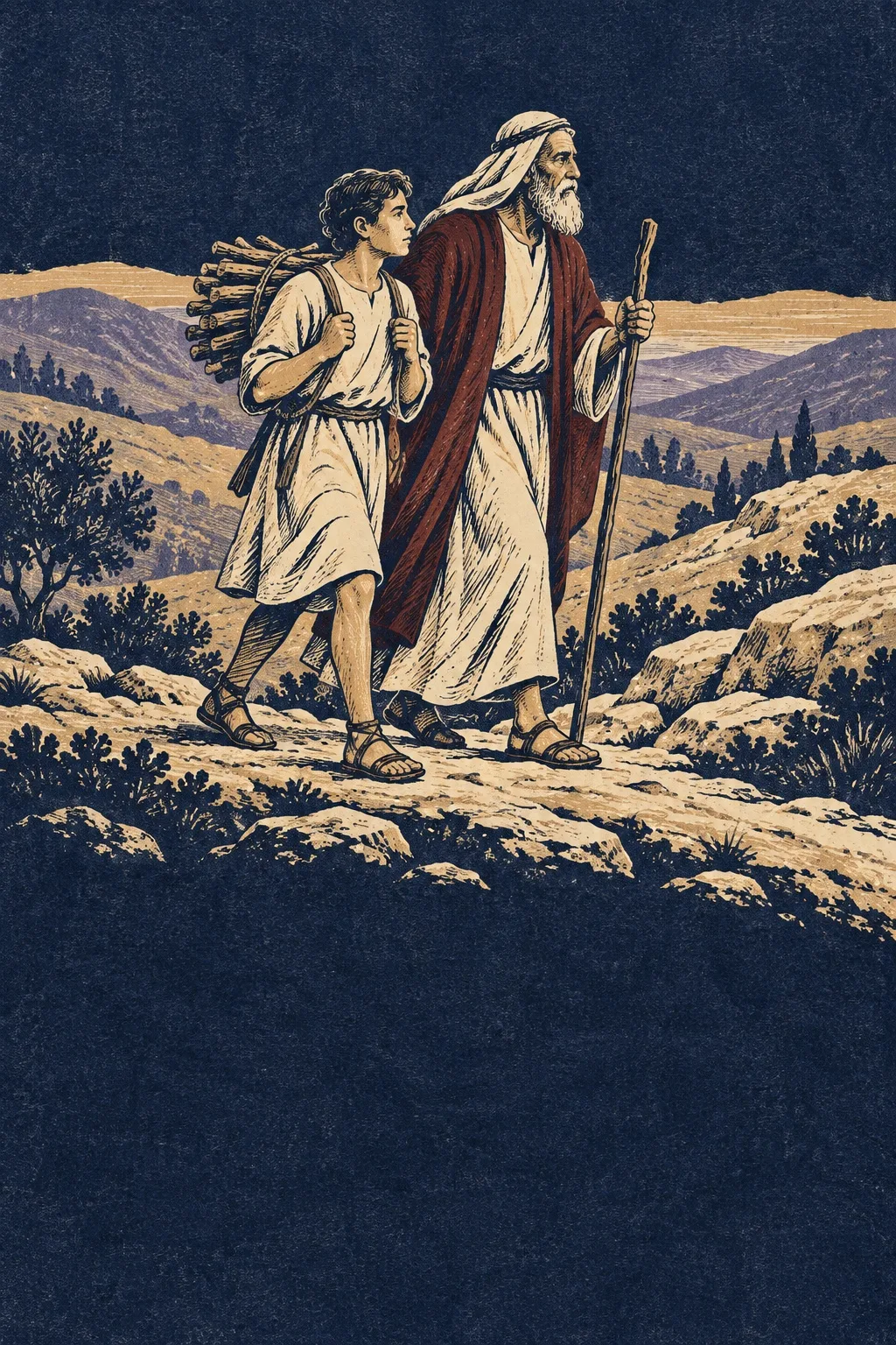 Abraham and Isaac walking a rocky Judean path, illustrated in ivory and garnet on an indigo background in a woodcut style
