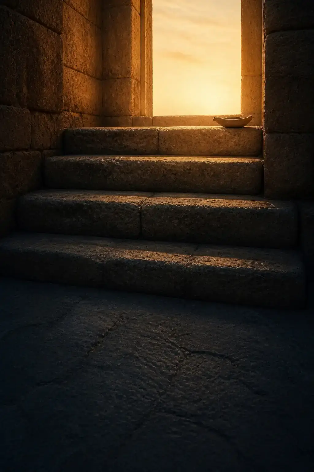 Ancient stone steps rising toward warm light