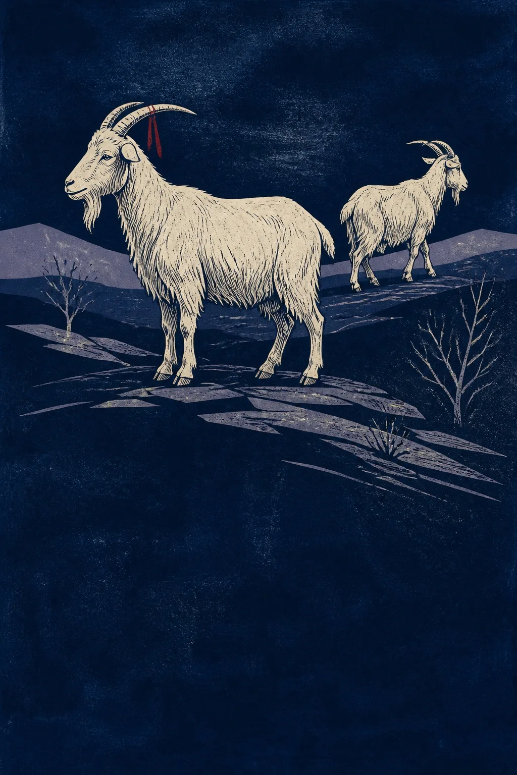 Two ivory goats facing opposite directions in an indigo wilderness, illustrated in a woodcut style